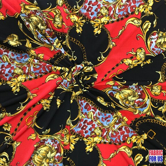 Paisley Floral Renaissance Stretch Poly-Spandex Fabric in Blue and Red 58"/60" W - Picture 7 of 7